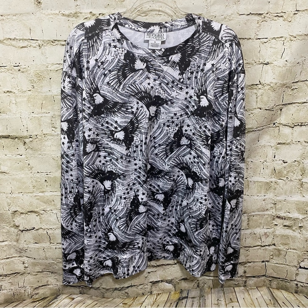 Rugged Earth Black White Eagle Americana Stretch Long Sleeve Top